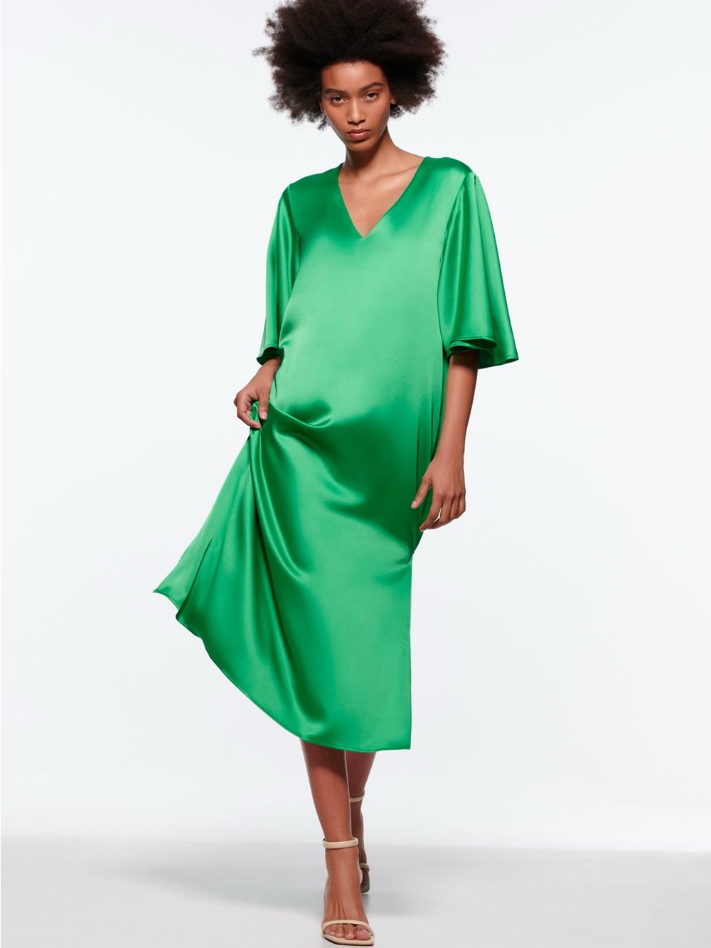 Zara Green Satin V‑Neck Tunic Maxi Dress